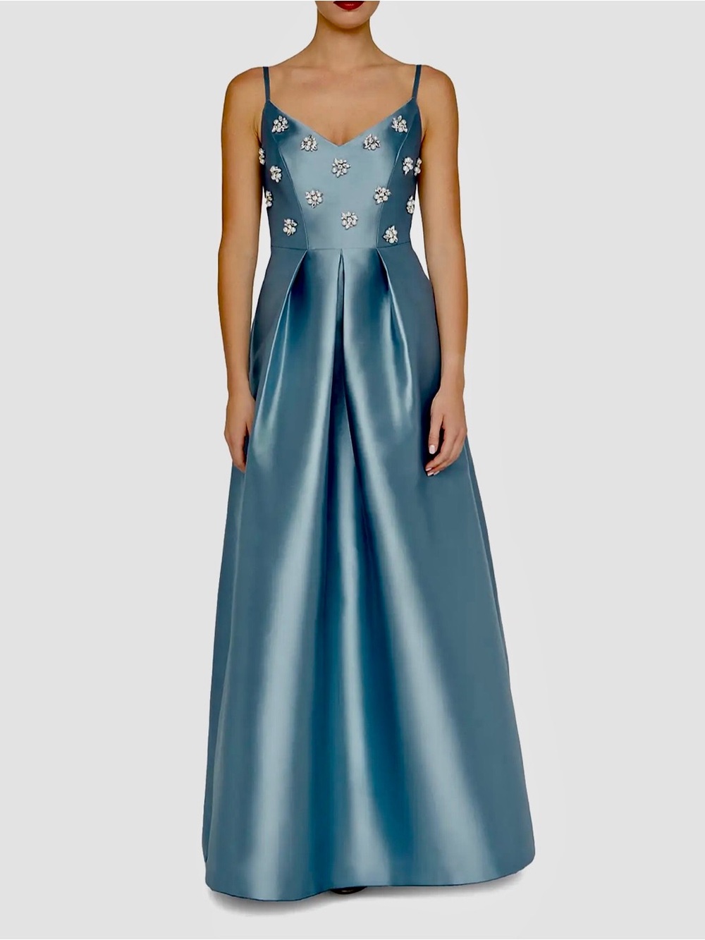 Kay Unger Steel Blue Beaded Satin Maxi Dress - Picture 2 of 5